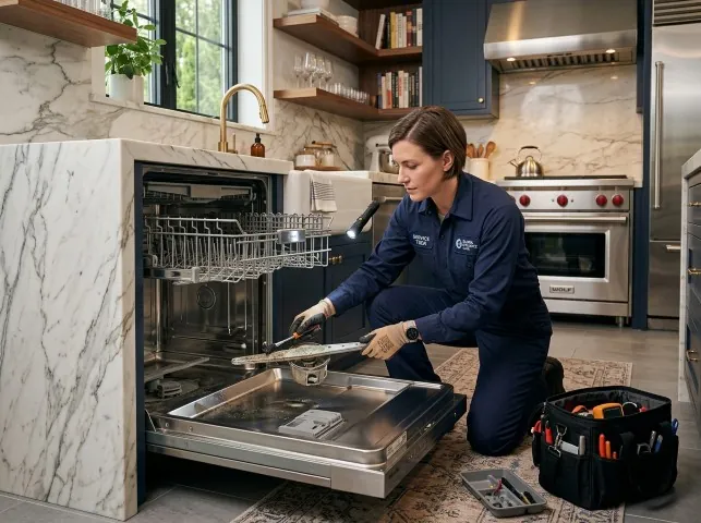 Appliance Repair Hero technician servicing a built-in dishwasher in a Alvarado, TX kitchen