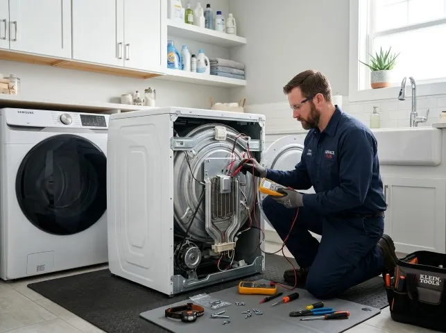 Appliance Repair Hero technician checking a dryer heating element with the rear panel off in Alvarado, TX