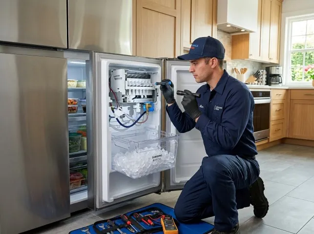 Appliance Repair Hero technician repairing a refrigerator ice maker in Alvarado, TX
