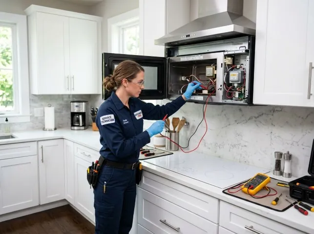 Appliance Repair Hero technician testing an over-the-range microwave in a Alvarado, TX kitchen