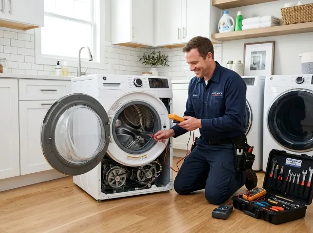 Appliance Repair Hero technician testing a front-load washer with a multimeter on a Alvarado, TX service call